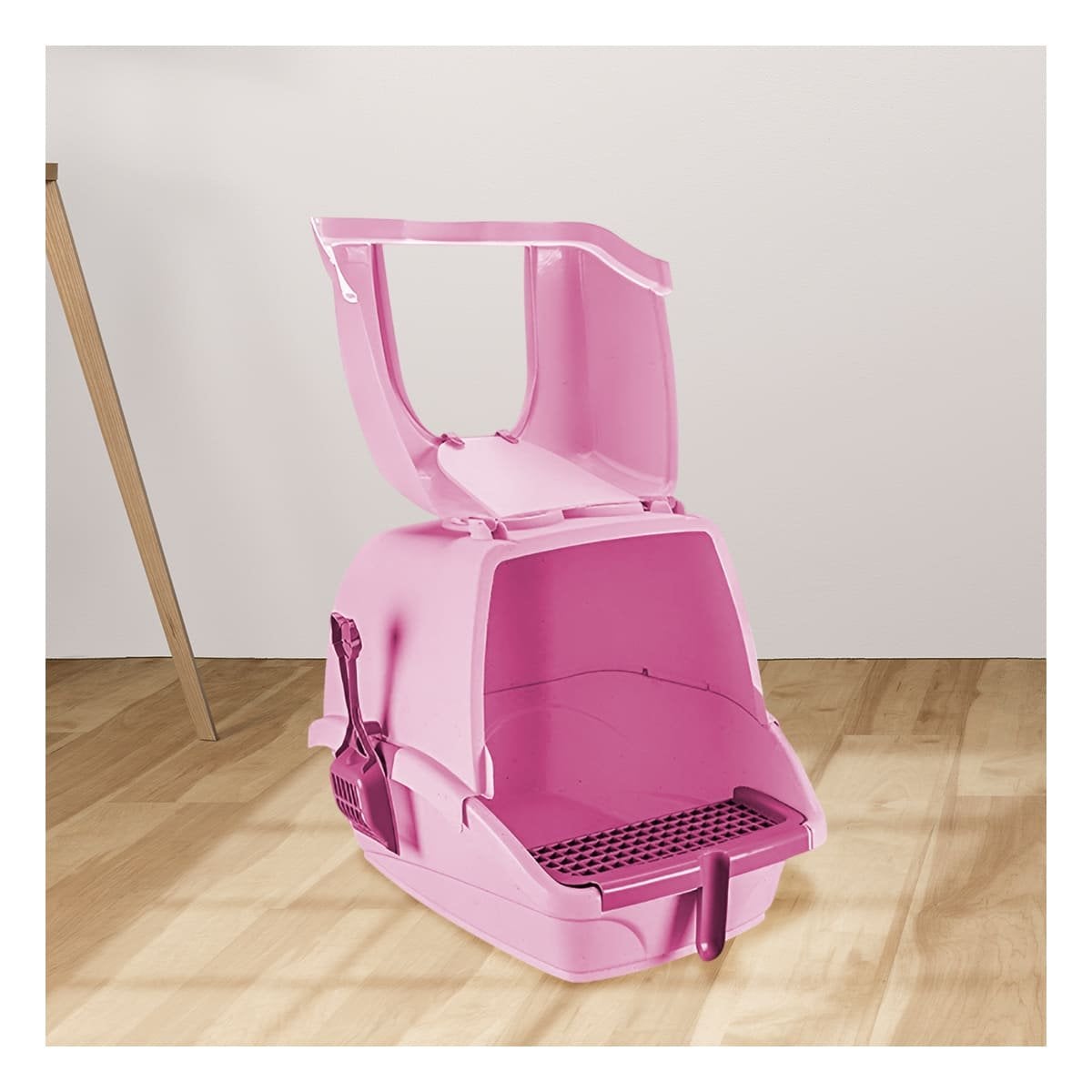CAJA PARA GATOS CERRADA CON CERNIDOR Y PALA ROSADO - 1
