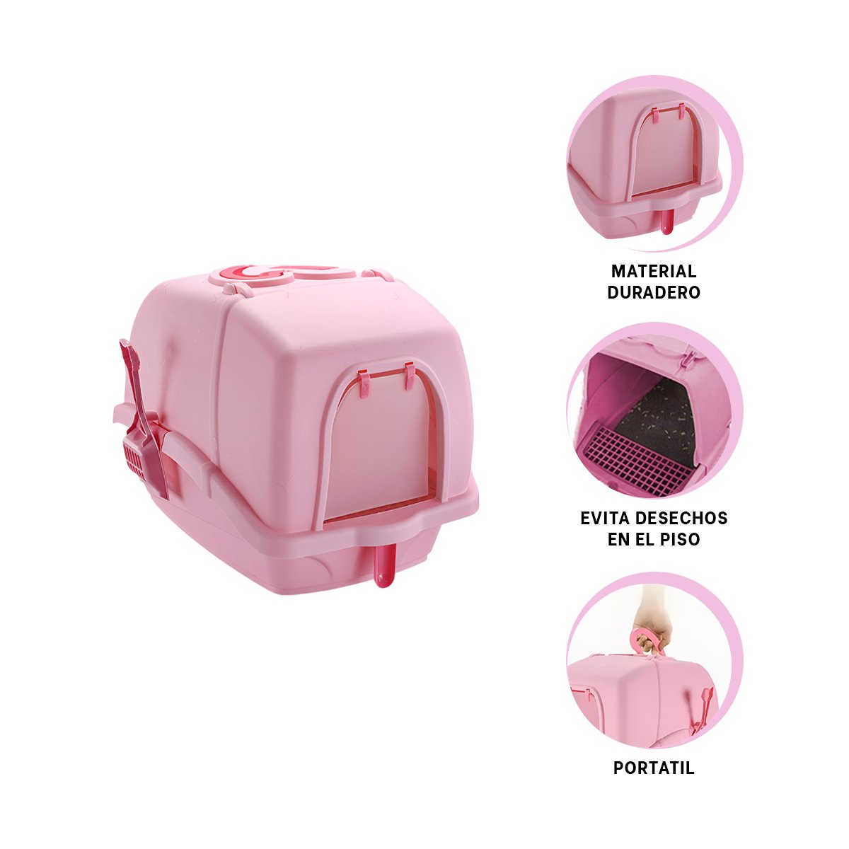 CAJA PARA GATOS CERRADA CON CERNIDOR Y PALA ROSADO - 3