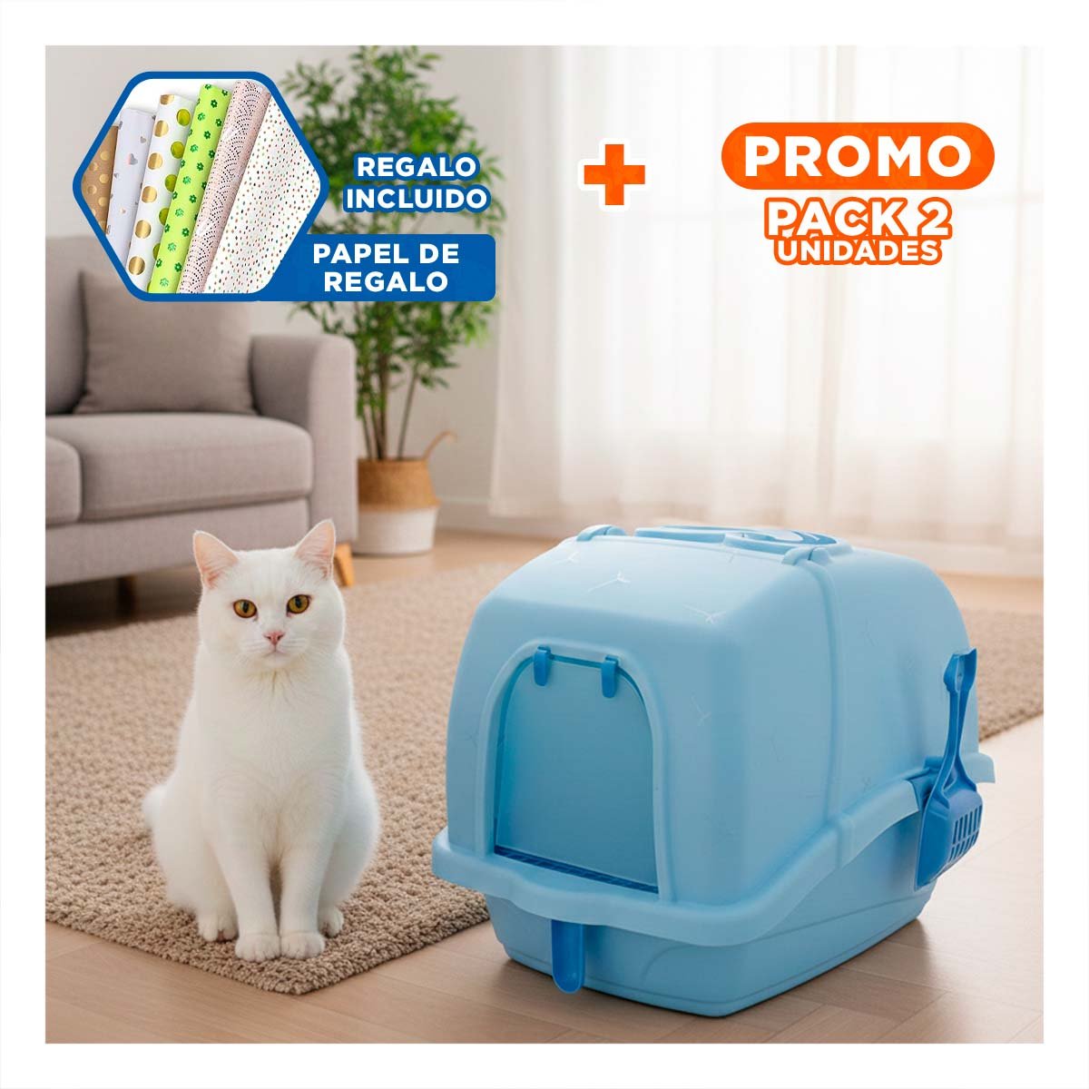PACK2 BANDEJA CERRADA CON CERNIDOR Y PALA CELESTE PARA GATOS Y+PAPEL REGALO - 1