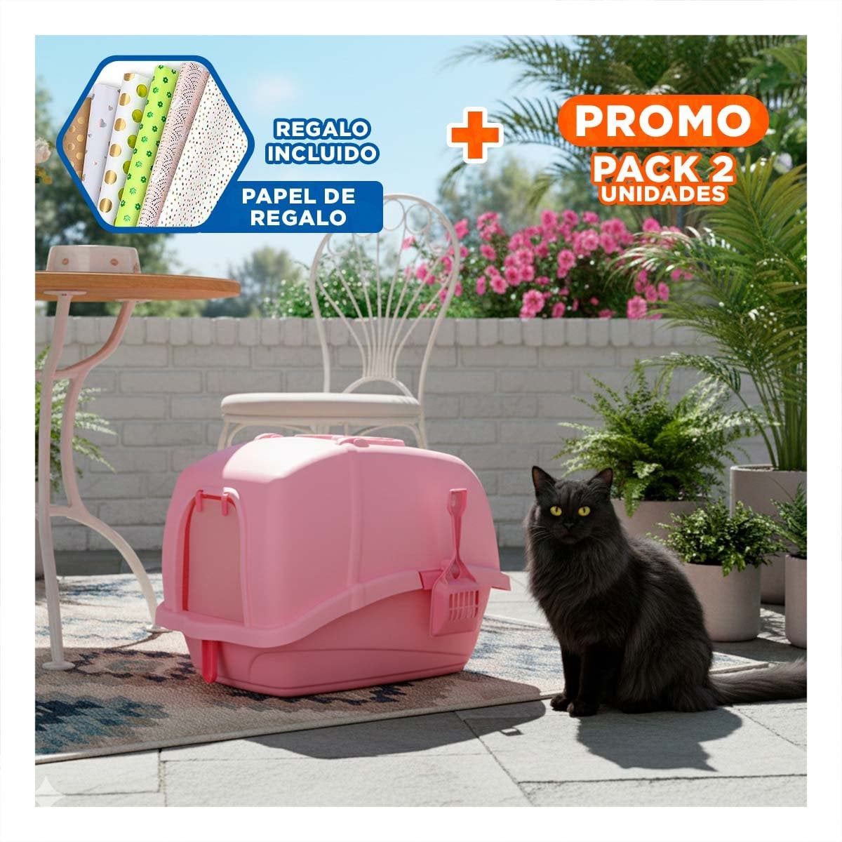 PACK2 BANDEJA CERRADA CON CERNIDOR Y PALA ROSADO PARA GATOS Y+PAPEL REGALO - 1