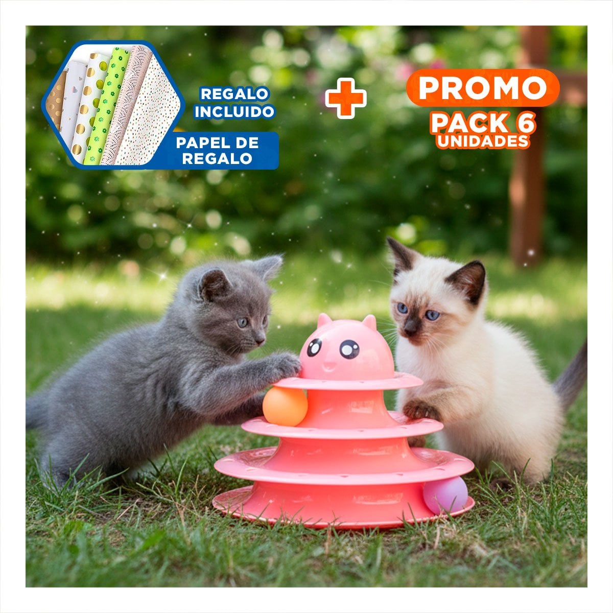 PACK6 PLATAFORMA ESTABLE DE 3 NIVELES CON PELOTAS ROSADO PARA MASCOTA Y+PAPEL REGALO - 1