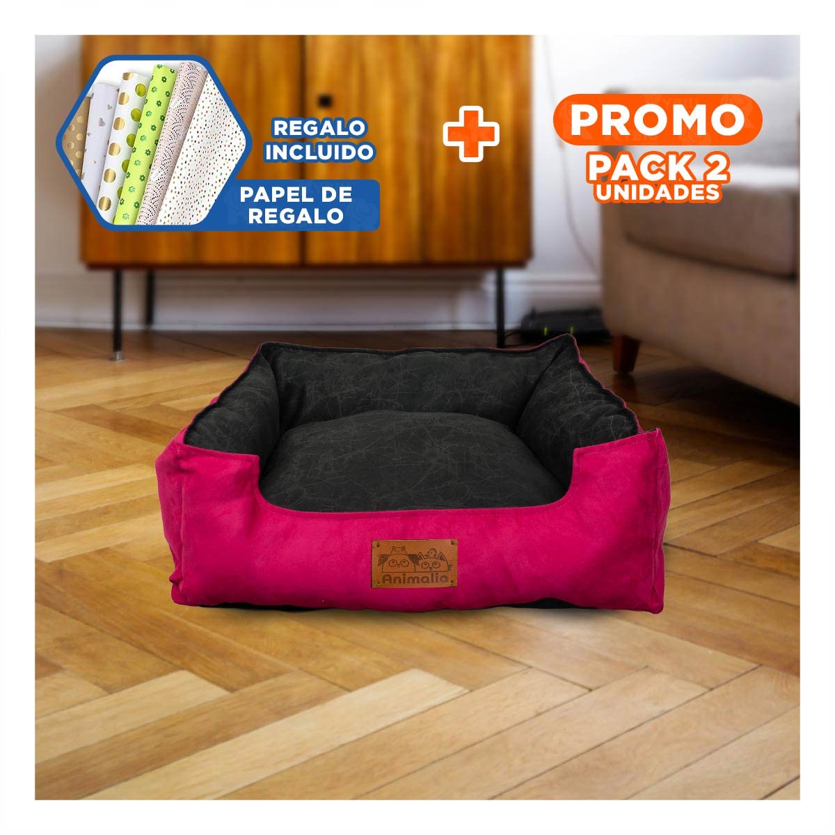 PACK2 LECHO FUCSIA PARA PERRO TALLA M CON CENTRO NEGRO Y+PAPEL REGALO - 1