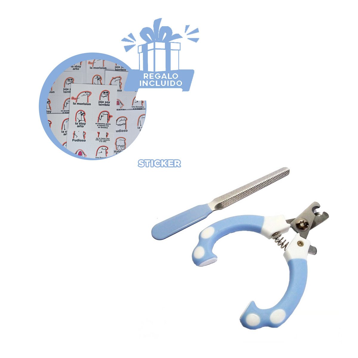 KIT MANICURE CON CORTA UNA Y LIMA 15X7 5 CM CELESTE Y BLANCO Y+REGALO STICKER - 1