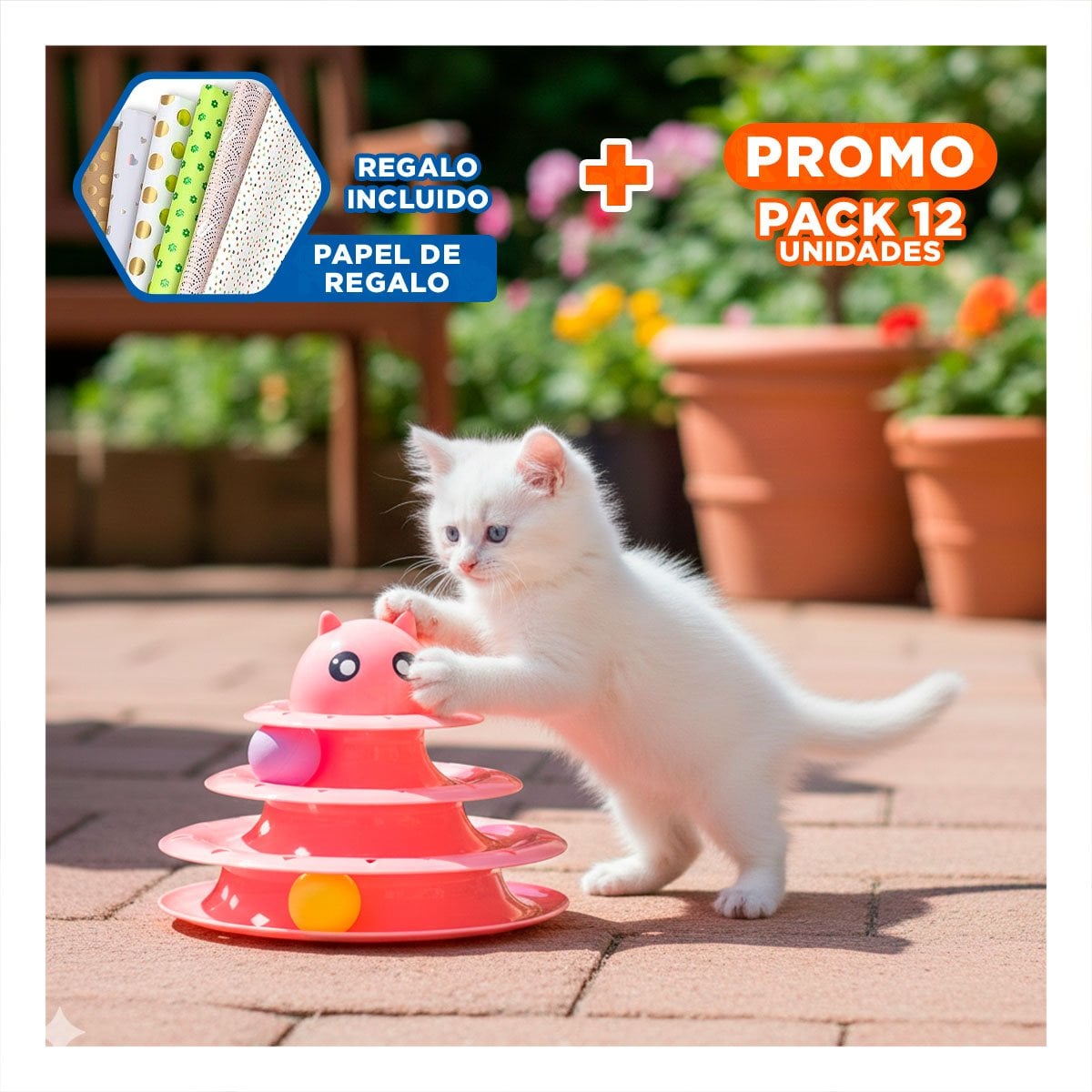 PACK12 JUEGO MODERNO DE 3 NIVELES CON PELOTAS ROSADO PARA GATO Y+PAPEL REGALO - 1