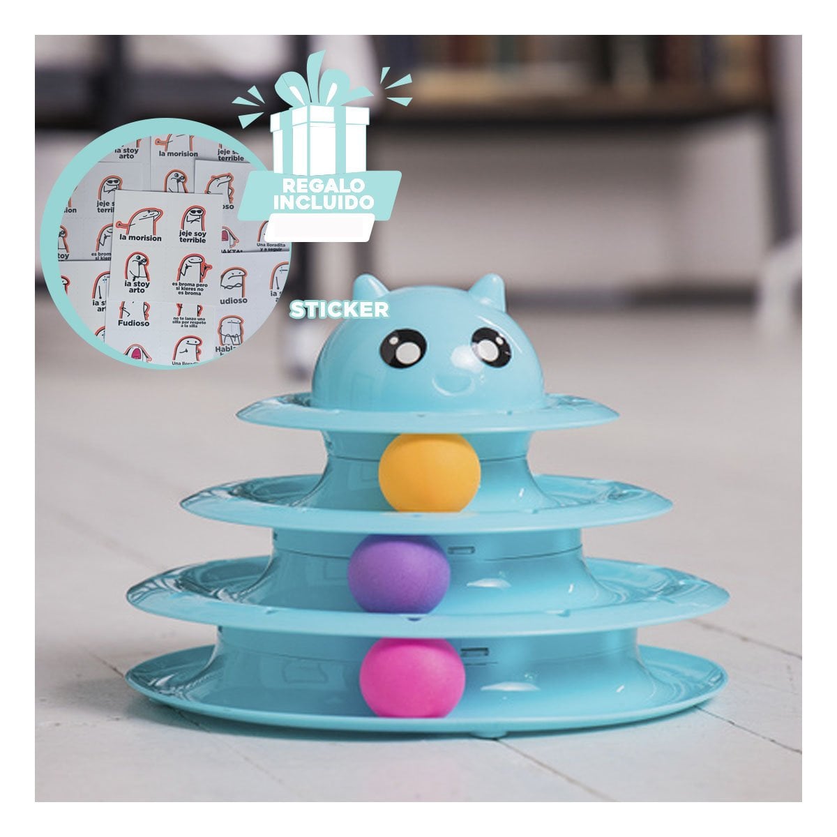 PLATAFORMA CON PELOTAS DE 3 NIVELES CELESTE PARA GATO ACTIVO Y+REGALO STICKER - 1