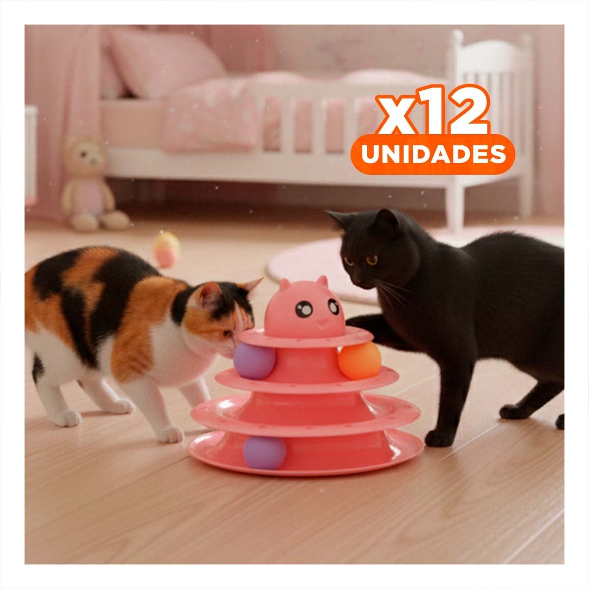 PACK12 ESTRUCTURA MODERNA DE 3 NIVELES CON PELOTAS ROSADO PARA GATO - 1