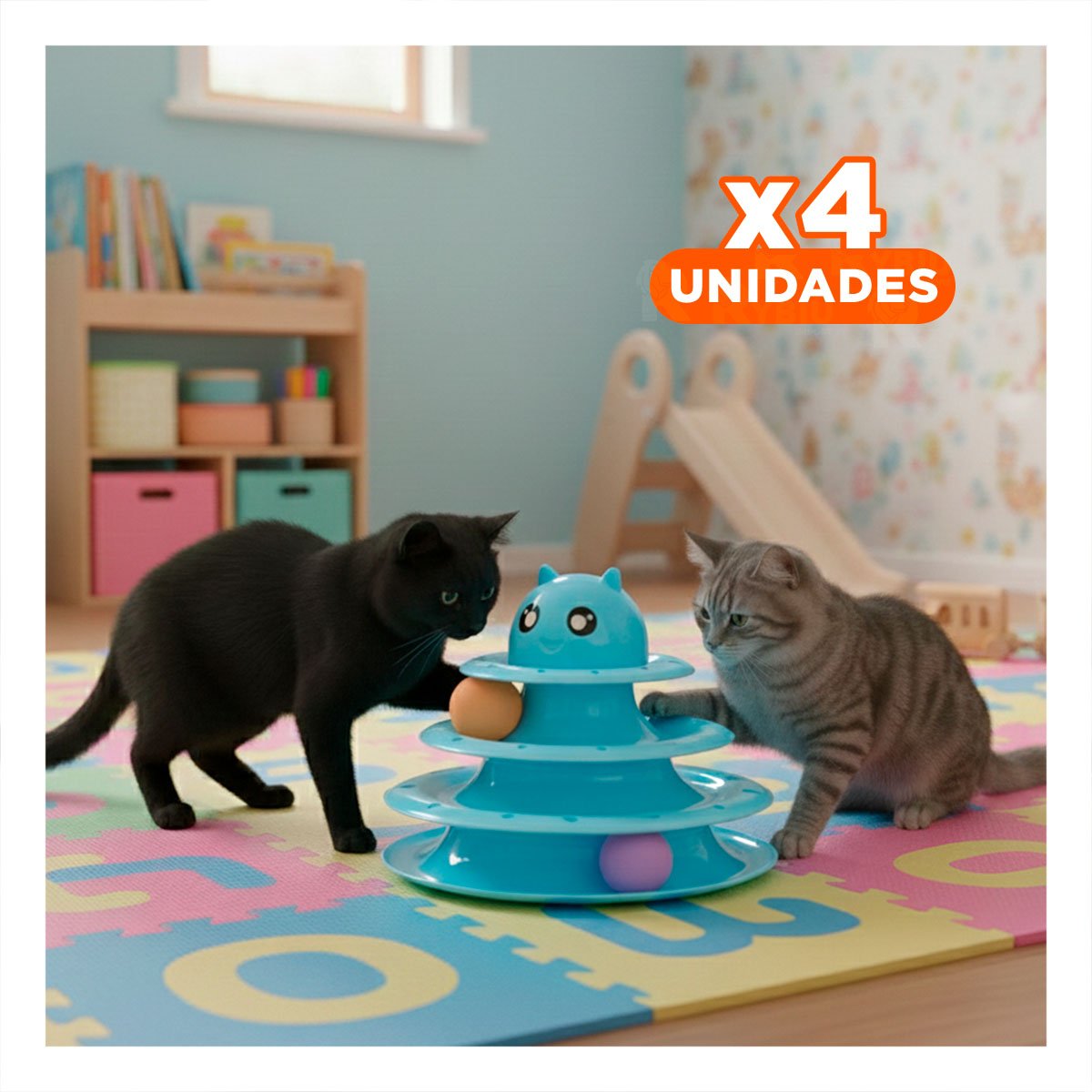 PACK4 TORRE ESTABLE DE 3 NIVELES CON PELOTAS CELESTE PARA MASCOTA - 1
