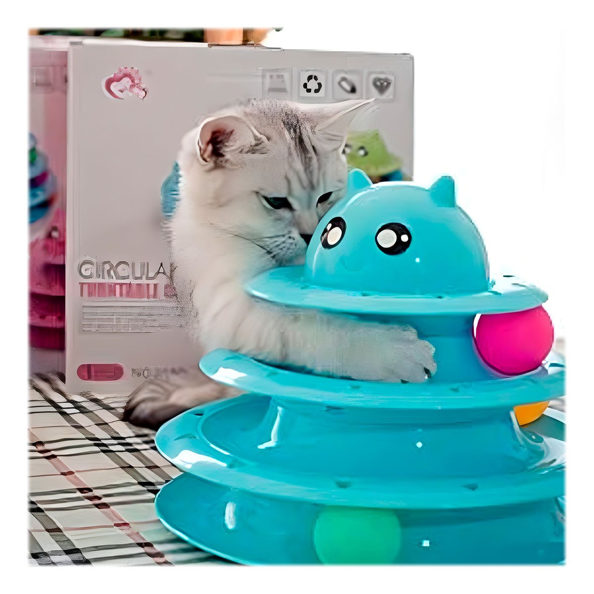 PACK4 TORRE ESTABLE DE 3 NIVELES CON PELOTAS CELESTE PARA MASCOTA - 2