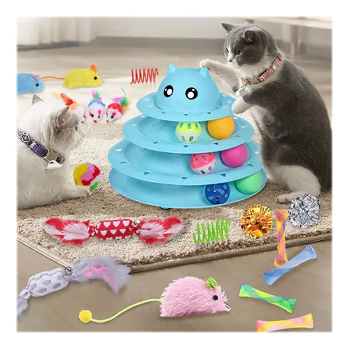 PACK4 TORRE ESTABLE DE 3 NIVELES CON PELOTAS CELESTE PARA MASCOTA - 5