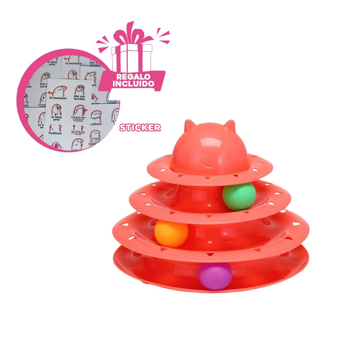 PLATAFORMA CON PELOTAS DE 3 NIVELES ROSADO PARA GATO ACTIVO Y+REGALO STICKER - 1