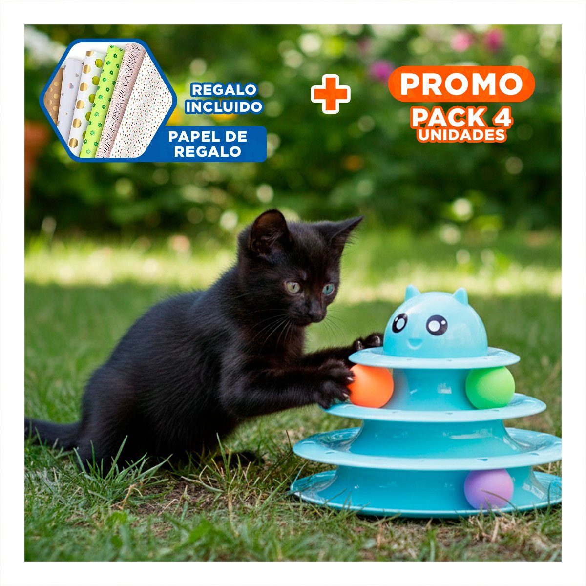 PACK4 ESTRUCTURA ESTABLE DE 3 NIVELES CON PELOTAS CELESTE PARA MASCOTA Y+PAPEL REGALO - 1