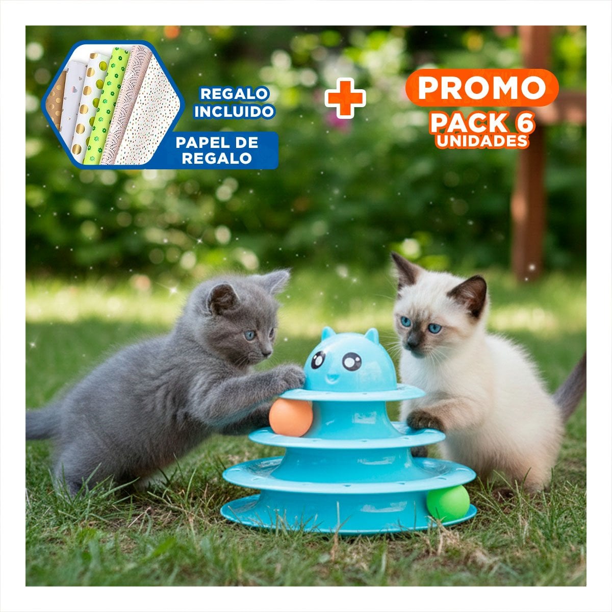 PACK6 PLATAFORMA ESTABLE DE 3 NIVELES CON PELOTAS CELESTE PARA MASCOTA Y+PAPEL REGALO - 1