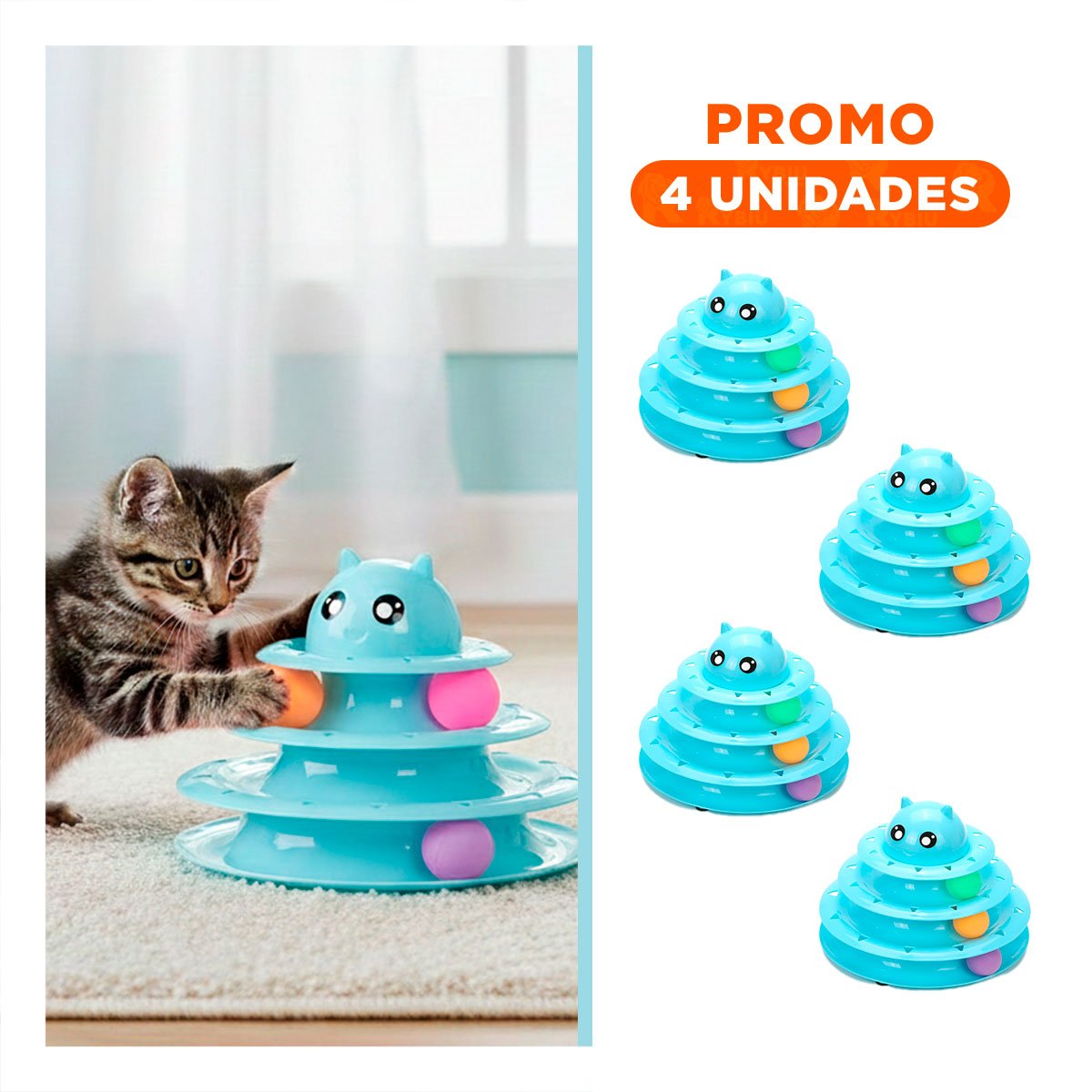 PACK4 JUEGO ESTABLE DE 3 NIVELES CON PELOTAS CELESTE PARA MASCOTA Y+REGALO STICKER - 1
