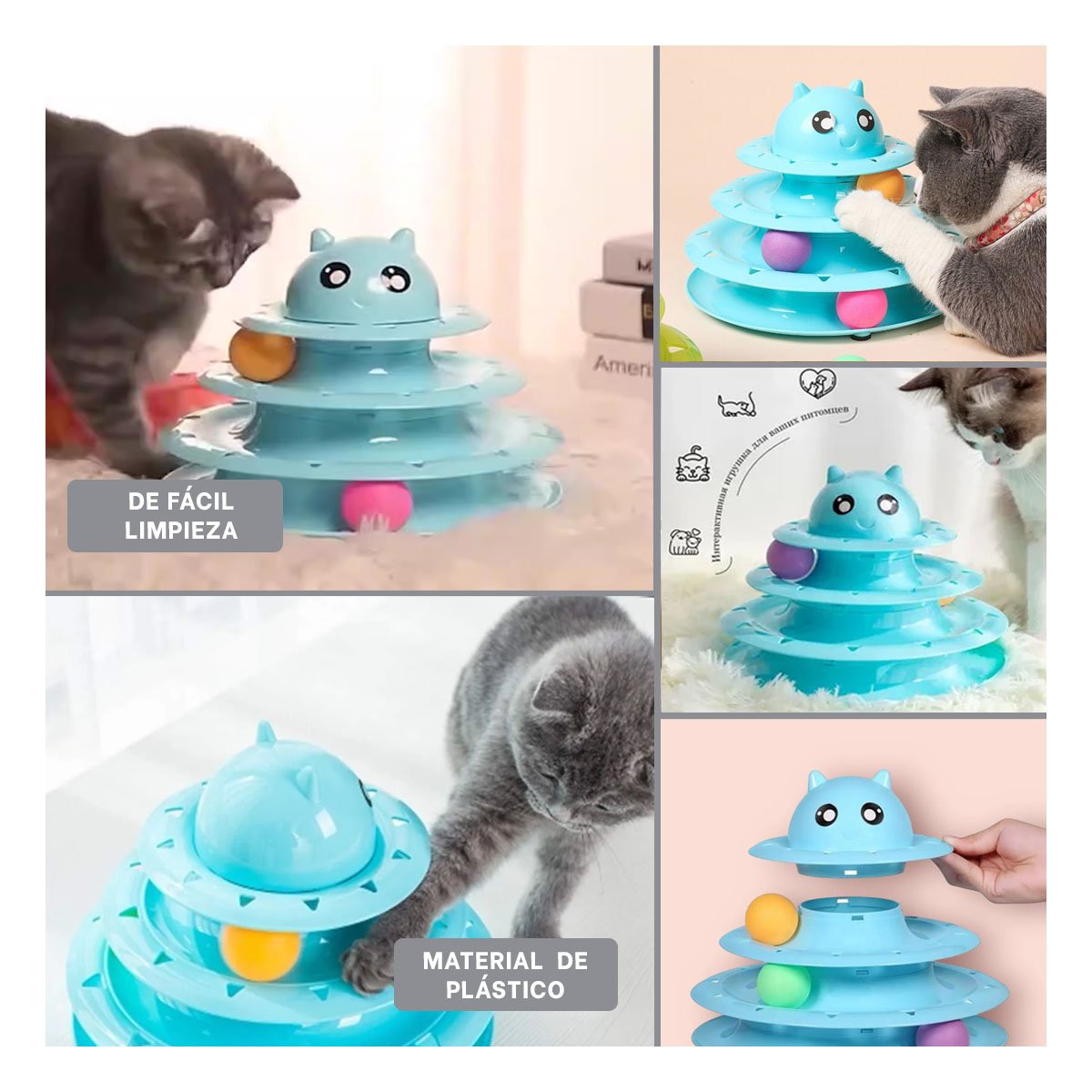 PACK4 JUEGO ESTABLE DE 3 NIVELES CON PELOTAS CELESTE PARA MASCOTA Y+REGALO STICKER - 2