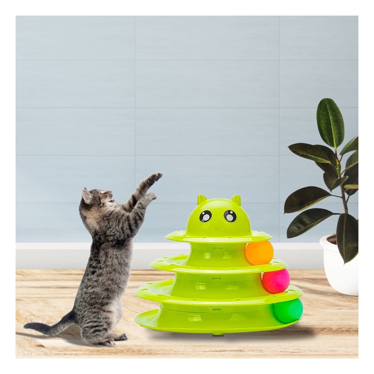 JUEGO CON PELOTAS DE 3 NIVELES VERDE LIMON PARA GATO ACTIVO - 2