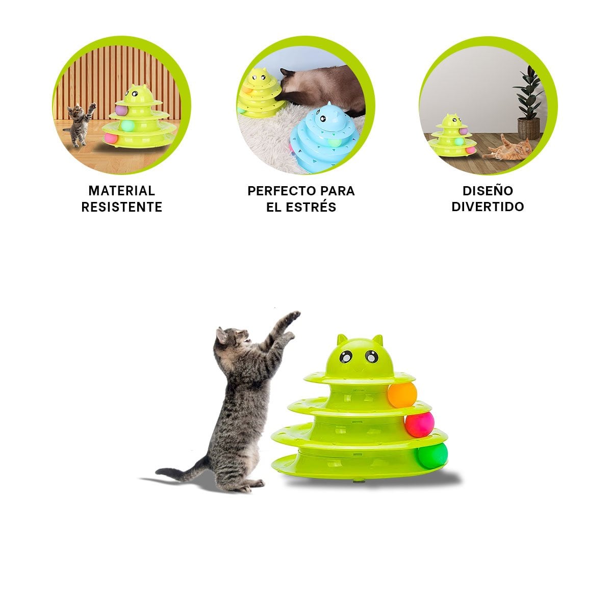JUEGO CON PELOTAS DE 3 NIVELES VERDE LIMON PARA GATO ACTIVO - 3