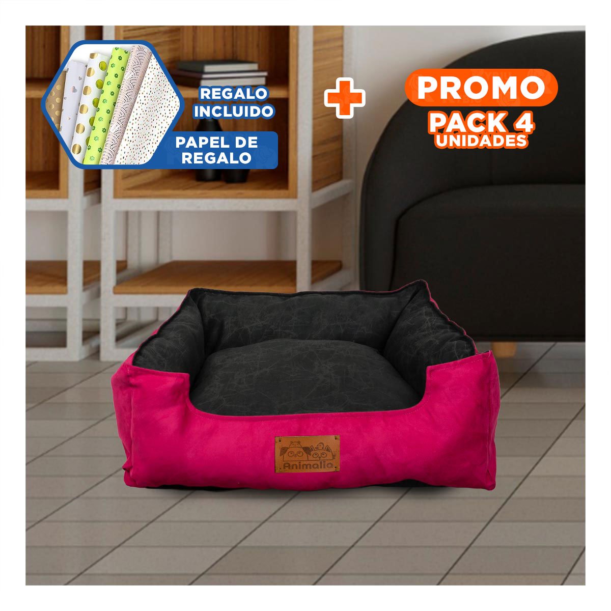PACK4 ESPACIO FUCSIA PARA PERRO TALLA M CON CENTRO NEGRO Y+PAPEL REGALO - 1