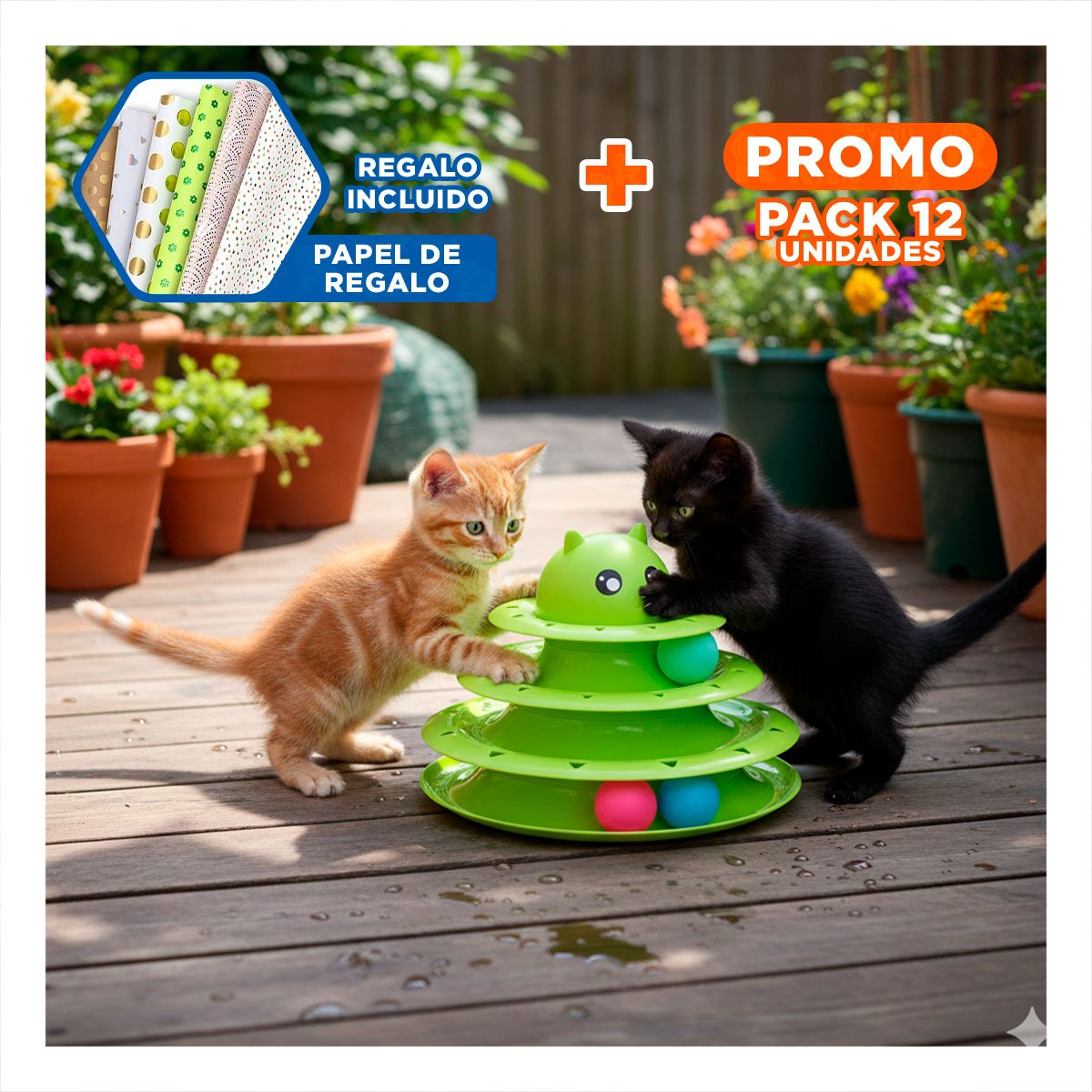 PACK12 CIRCUITO MODERNO DE 3 NIVELES CON PELOTAS VERDE LIMON PARA GATO Y+PAPEL REGALO - 1