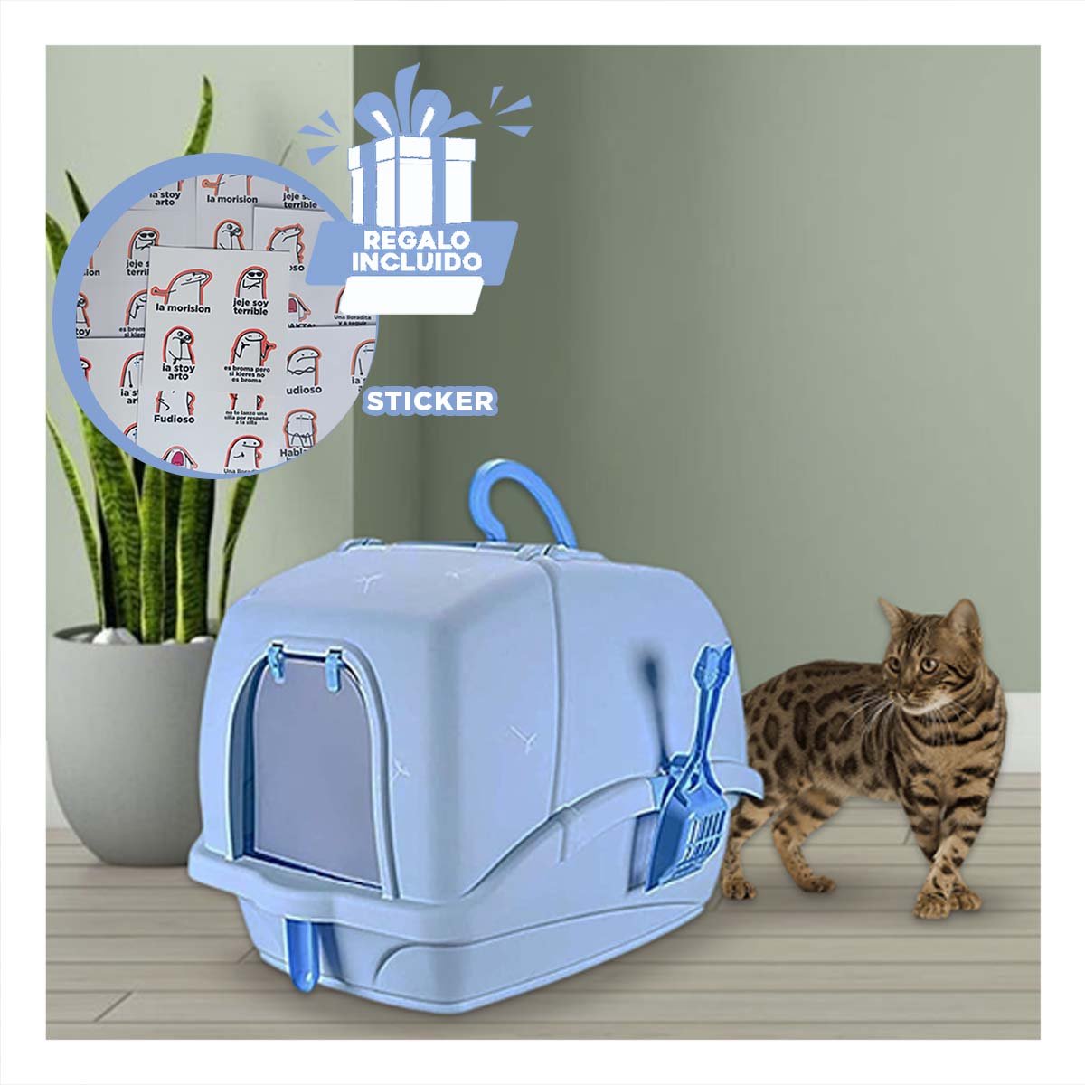 BANO PARA GATOS CERRADO CON CERNIDOR Y PALA CELESTE Y+REGALO STICKER - 1
