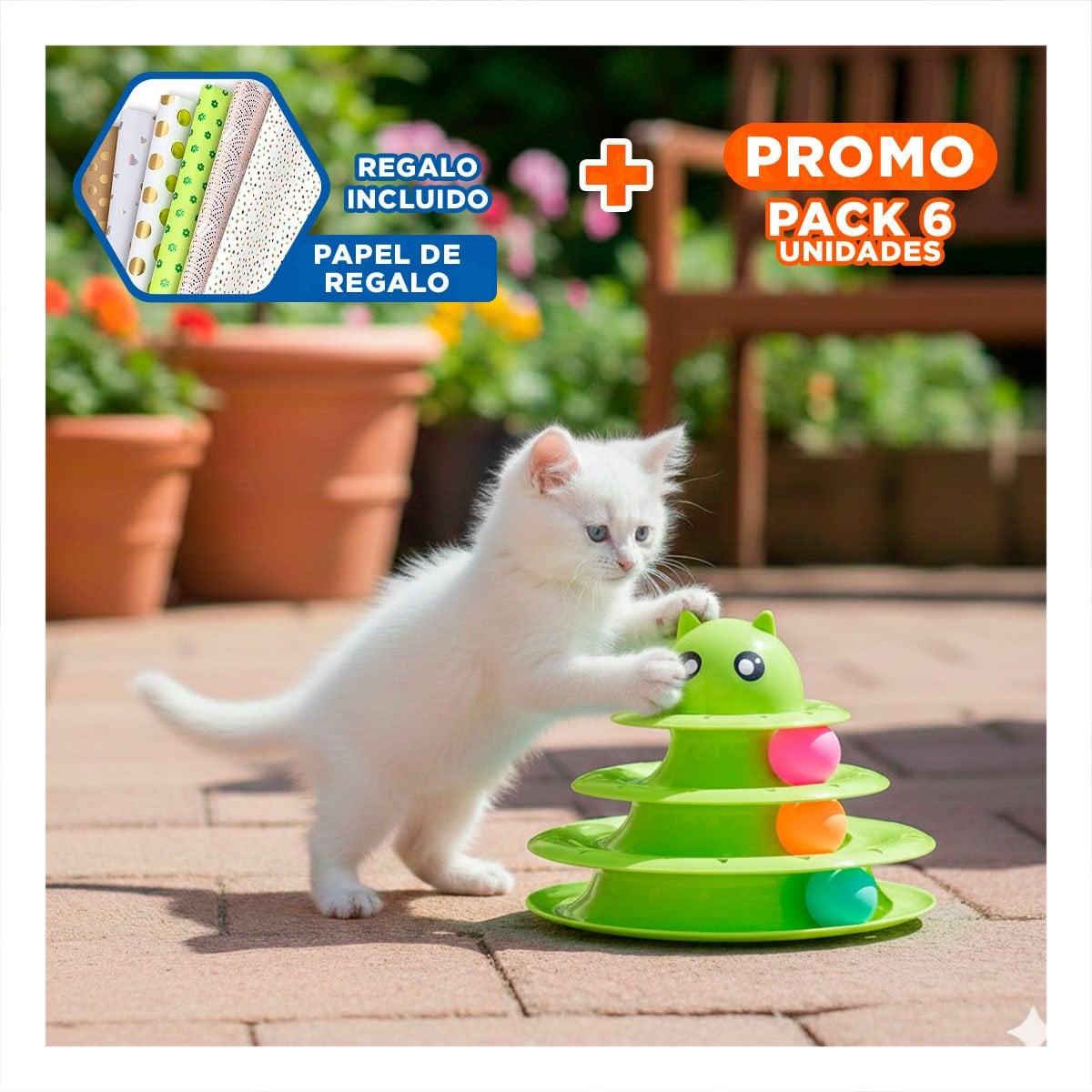 PACK6 TORRE MODERNA DE 3 NIVELES CON PELOTAS VERDE LIMON PARA GATO Y+PAPEL REGALO - 1