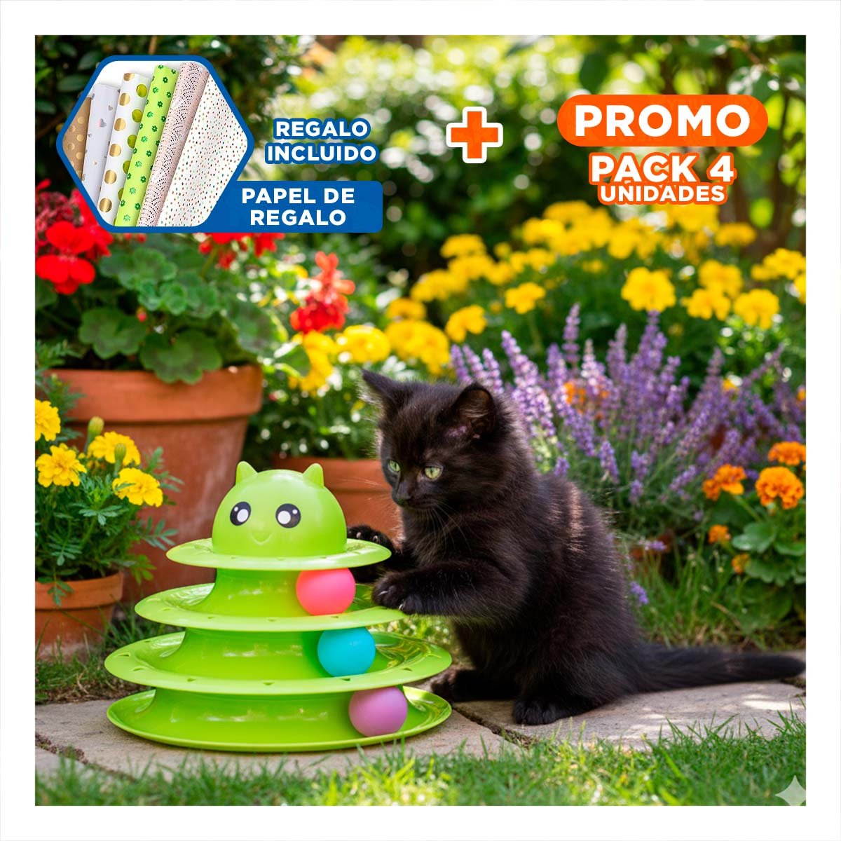 PACK4 JUEGO ESTABLE DE 3 NIVELES CON PELOTAS VERDE LIMON PARA MASCOTA Y+PAPEL REGALO - 1