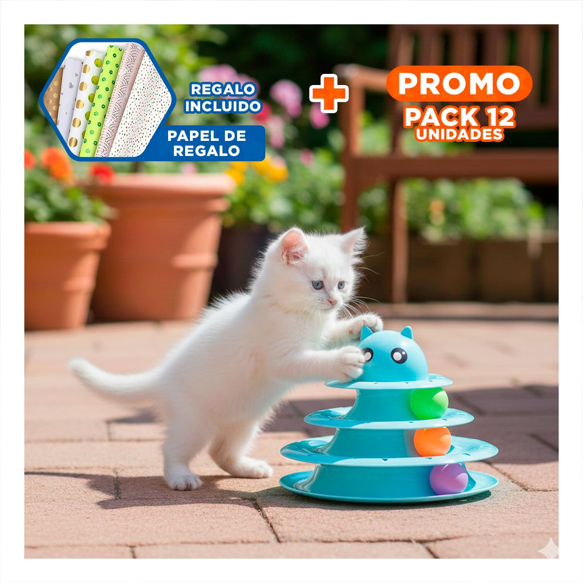 PACK12 JUEGO MODERNO DE 3 NIVELES CON PELOTAS CELESTE PARA GATO Y+PAPEL REGALO - 1