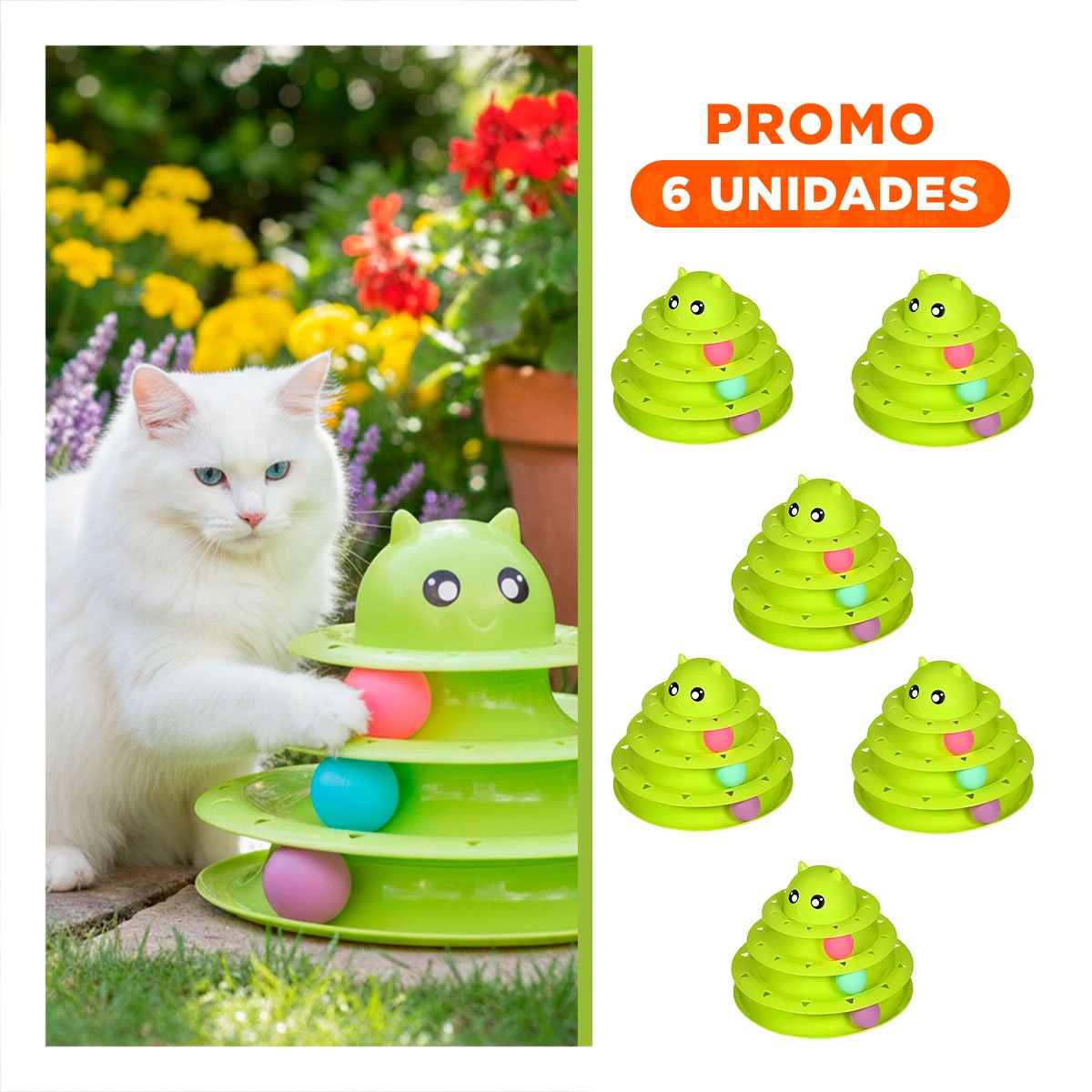 PACK6 PLATAFORMA ESTABLE DE 3 NIVELES CON PELOTAS VERDE LIMON PARA MASCOTA - 1