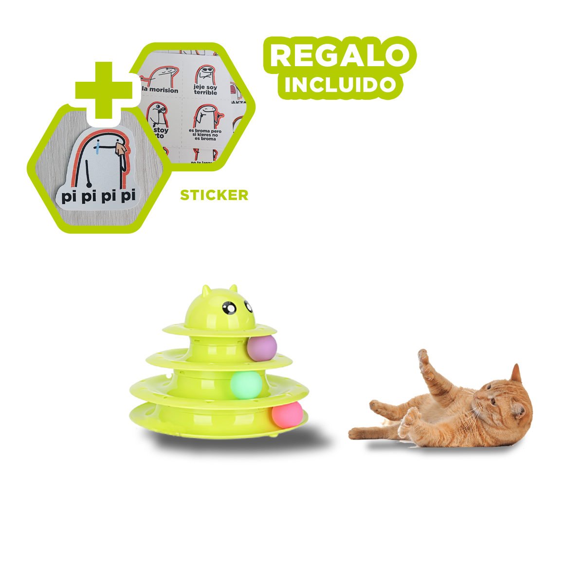 PLATAFORMA CON PELOTAS DE 3 NIVELES VERDE LIMON PARA GATO ACTIVO Y+REGALO STICKER - 1