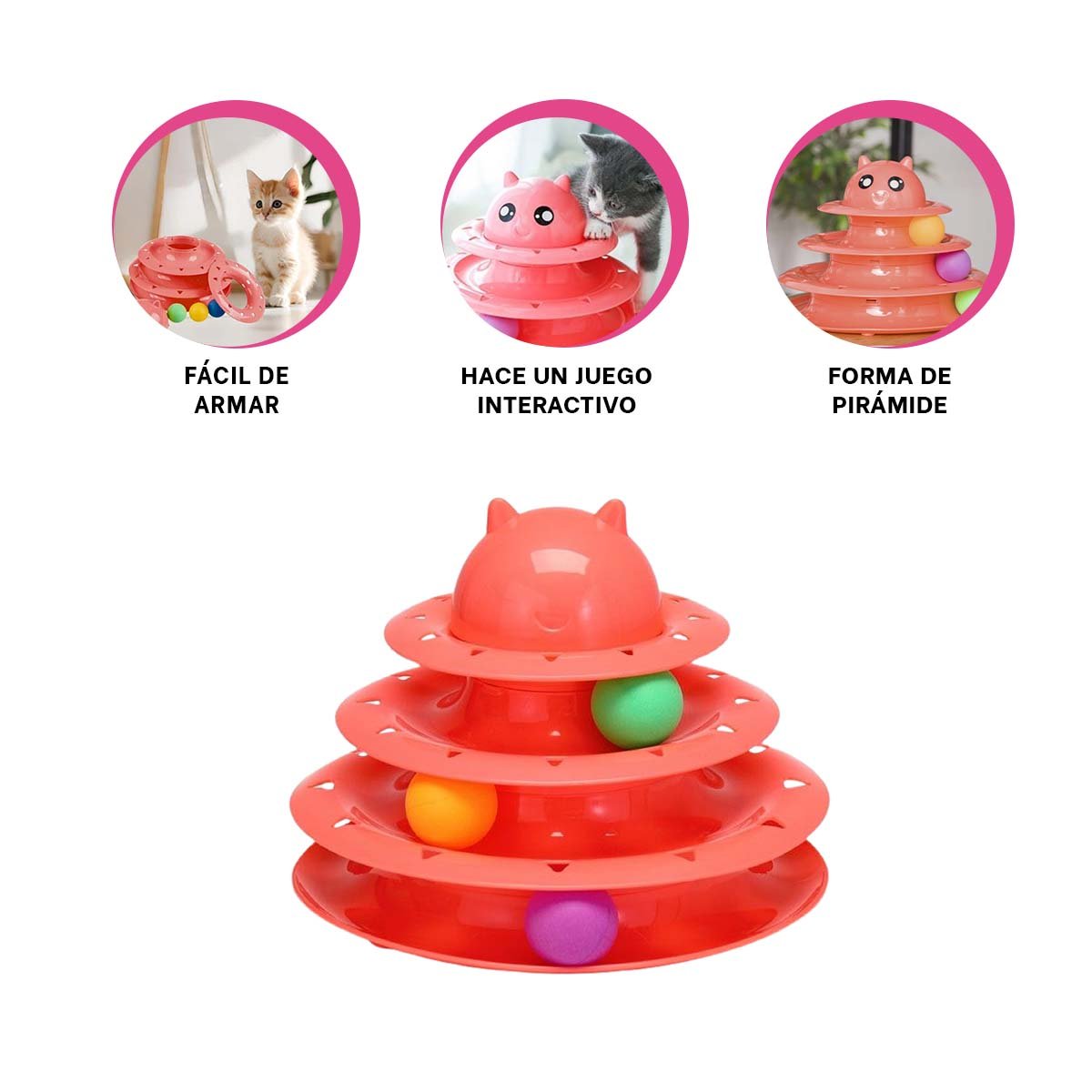 JUEGO CON PELOTAS DE 3 NIVELES ROSADO PARA GATO ACTIVO - 3