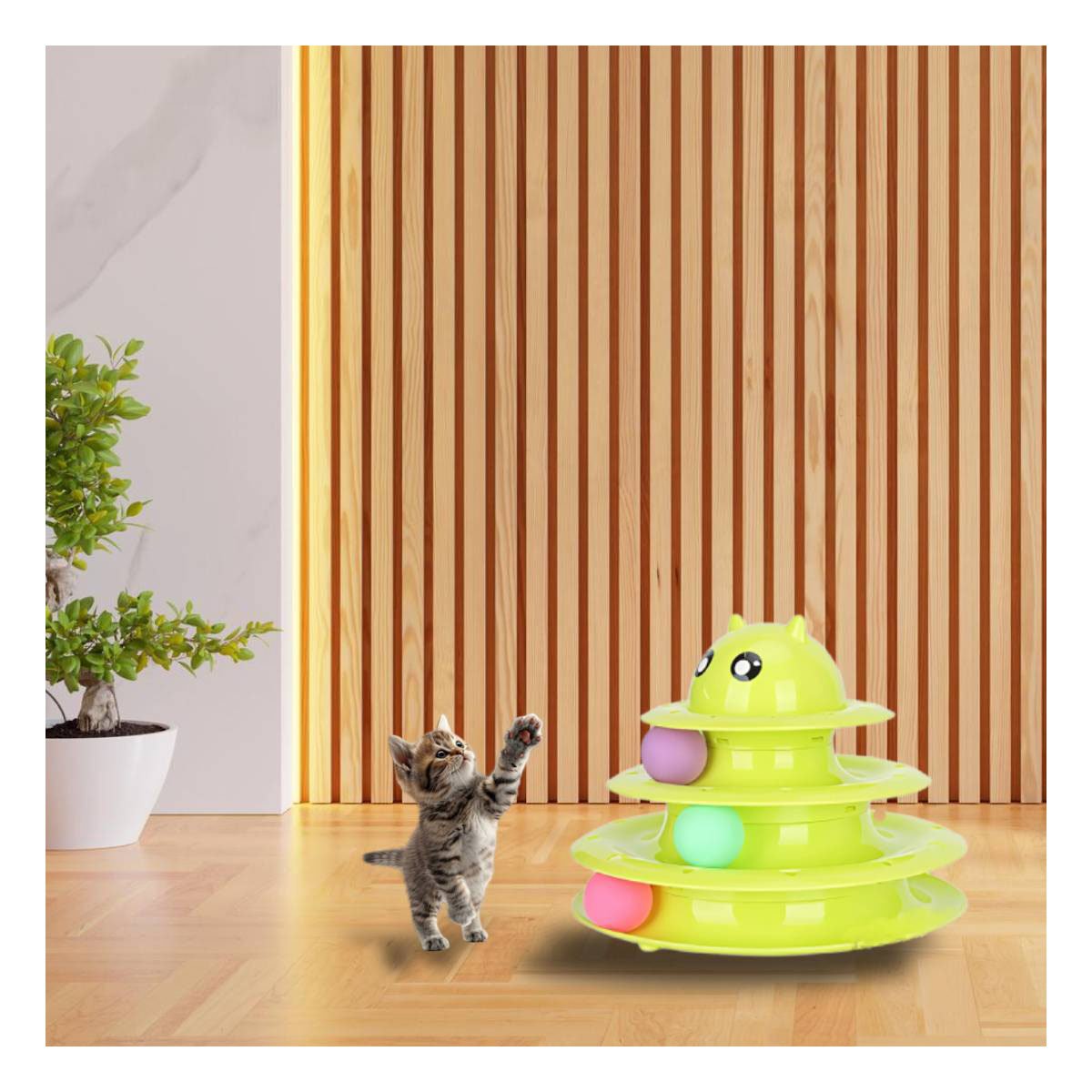 CIRCUITO CON PELOTAS DE 3 NIVELES VERDE LIMON PARA GATO ACTIVO Y+PAPEL REGALO - 2