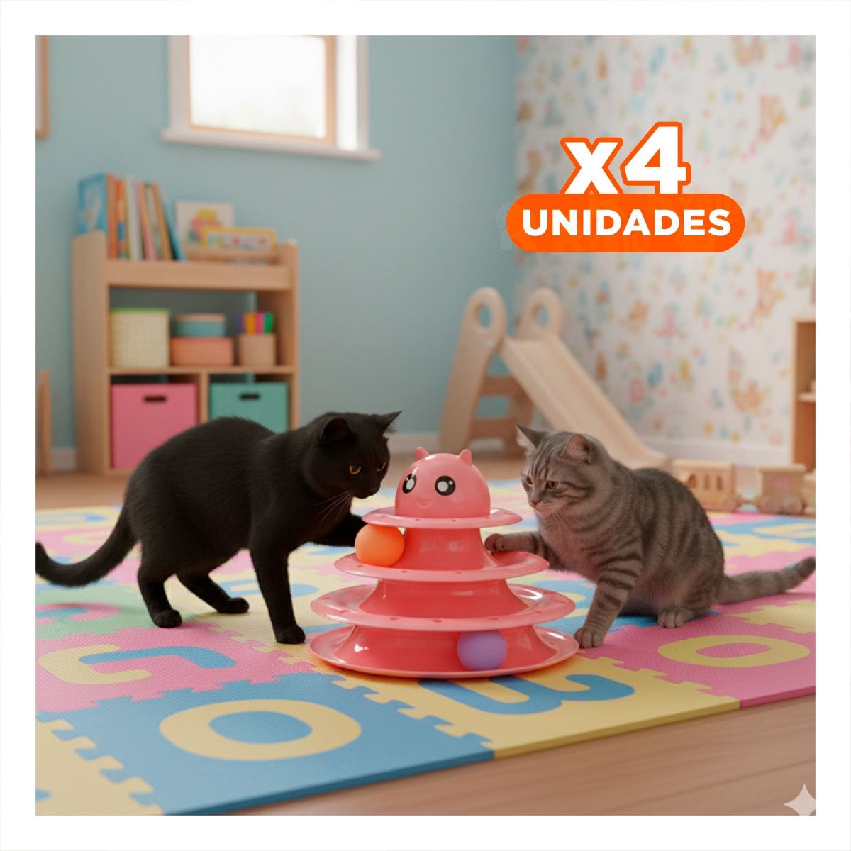 PACK4 TORRE ESTABLE DE 3 NIVELES CON PELOTAS ROSADO PARA MASCOTA - 1