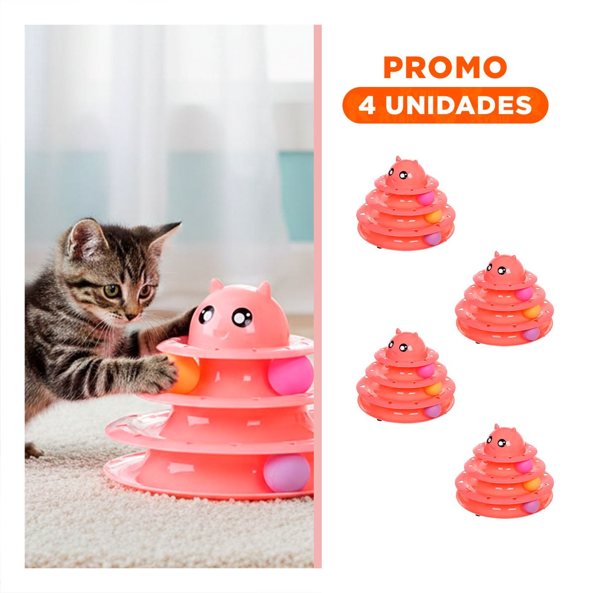 PACK4 JUEGO ESTABLE DE 3 NIVELES CON PELOTAS ROSADO PARA MASCOTA Y+REGALO STICKER - 1