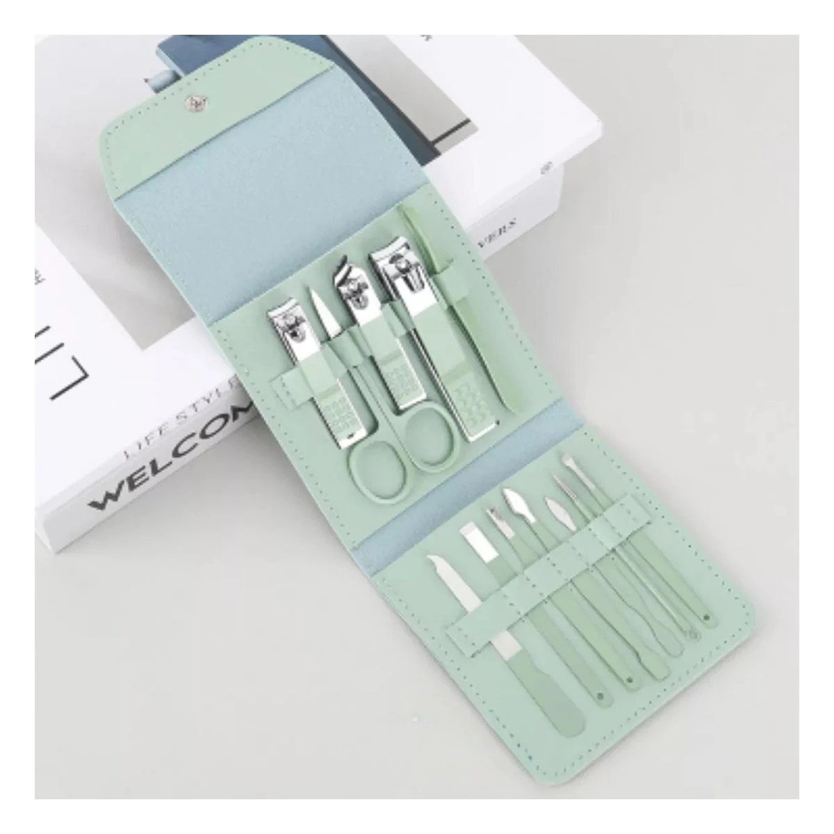PACK4 ESTUCHE CUIDADO PERSONAL 12 PIEZAS MANICURE Y PEDICURE VERDE COMPLETO - 5