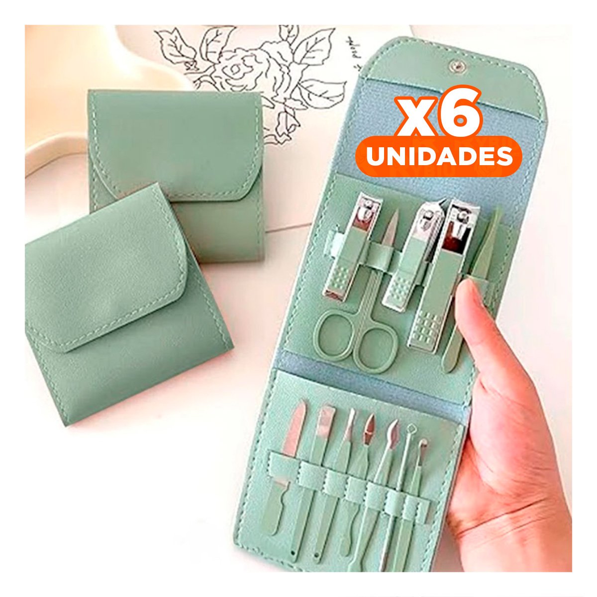 PACK6 ACCESORIOS CUIDADO UÑAS 12 PIEZAS MANICURE Y PEDICURE VERDE CON PINZAS Y+REGALO STICKER - 1