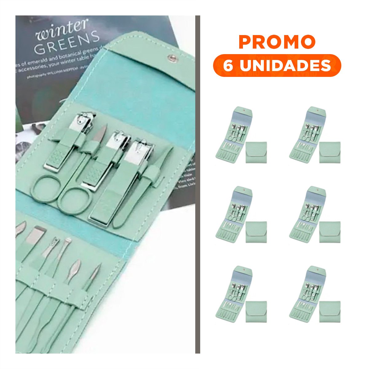 PACK6 ACCESORIOS MANICURE Y PEDICURE 12 PIEZAS VERDE CON CORTAUÑAS - 1