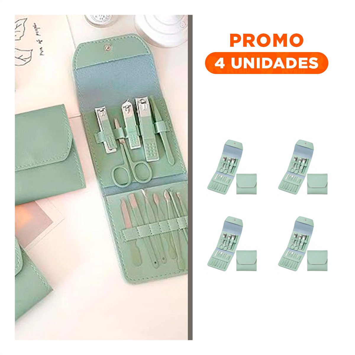 PACK4 EQUIPO DE BELLEZA 12 PIEZAS MANICURE Y PEDICURE VERDE COMPLETO Y+REGALO STICKER - 1