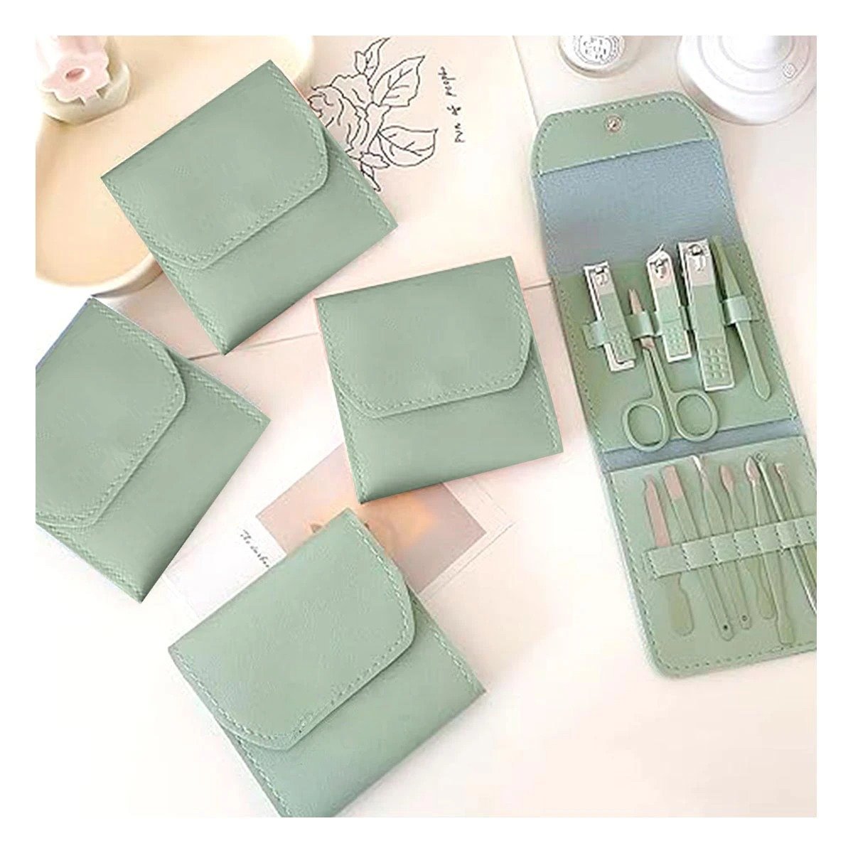 PACK4 EQUIPO DE BELLEZA 12 PIEZAS MANICURE Y PEDICURE VERDE COMPLETO Y+REGALO STICKER - 3