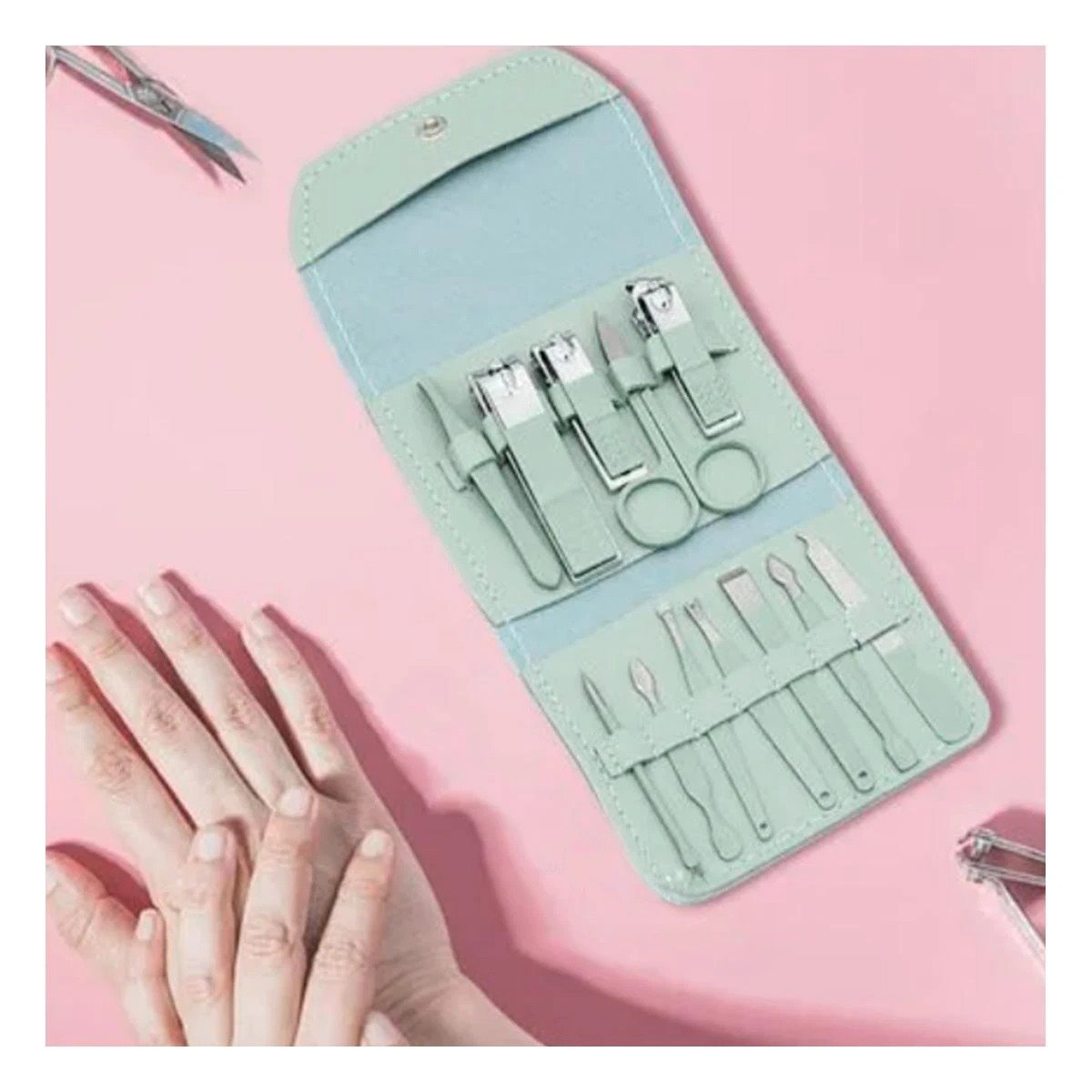 PACK4 EQUIPO DE BELLEZA 12 PIEZAS MANICURE Y PEDICURE VERDE COMPLETO Y+REGALO STICKER - 5