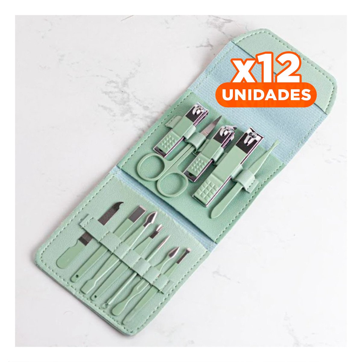 PACK12 ACCESORIOS DE BELLEZA 12 PIEZAS MANICURE Y PEDICURE VERDE CON HERRAMIENTAS - 1