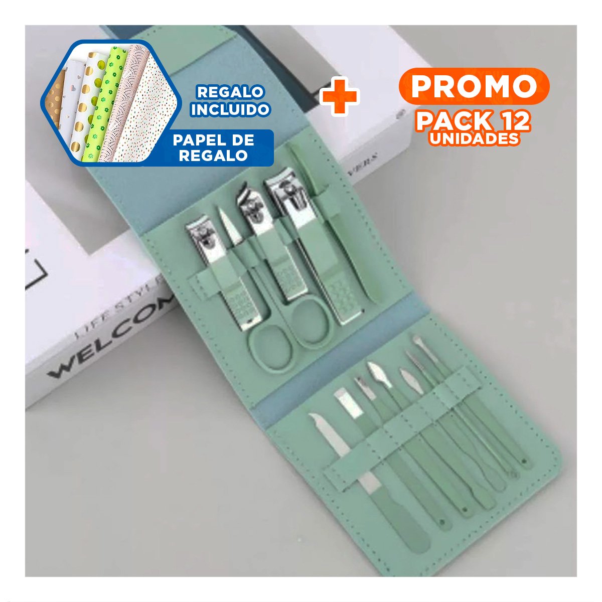 PACK12 ACCESORIOS COMPLETOS 12 PIEZAS MANICURE Y PEDICURE VERDE PARA CASA Y+PAPEL REGALO - 1