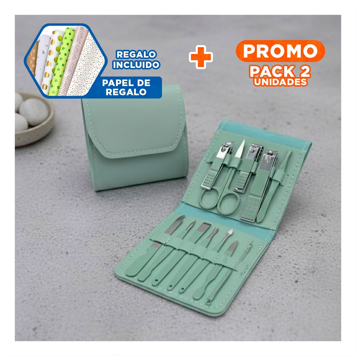 PACK2 ESTUCHE COMPLETO 12 PIEZAS MANICURE Y PEDICURE VERDE CON CORTAUÑAS Y+PAPEL REGALO - 1