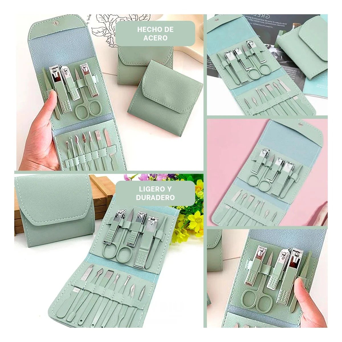 PACK2 ESTUCHE COMPLETO 12 PIEZAS MANICURE Y PEDICURE VERDE CON CORTAUÑAS Y+PAPEL REGALO - 3