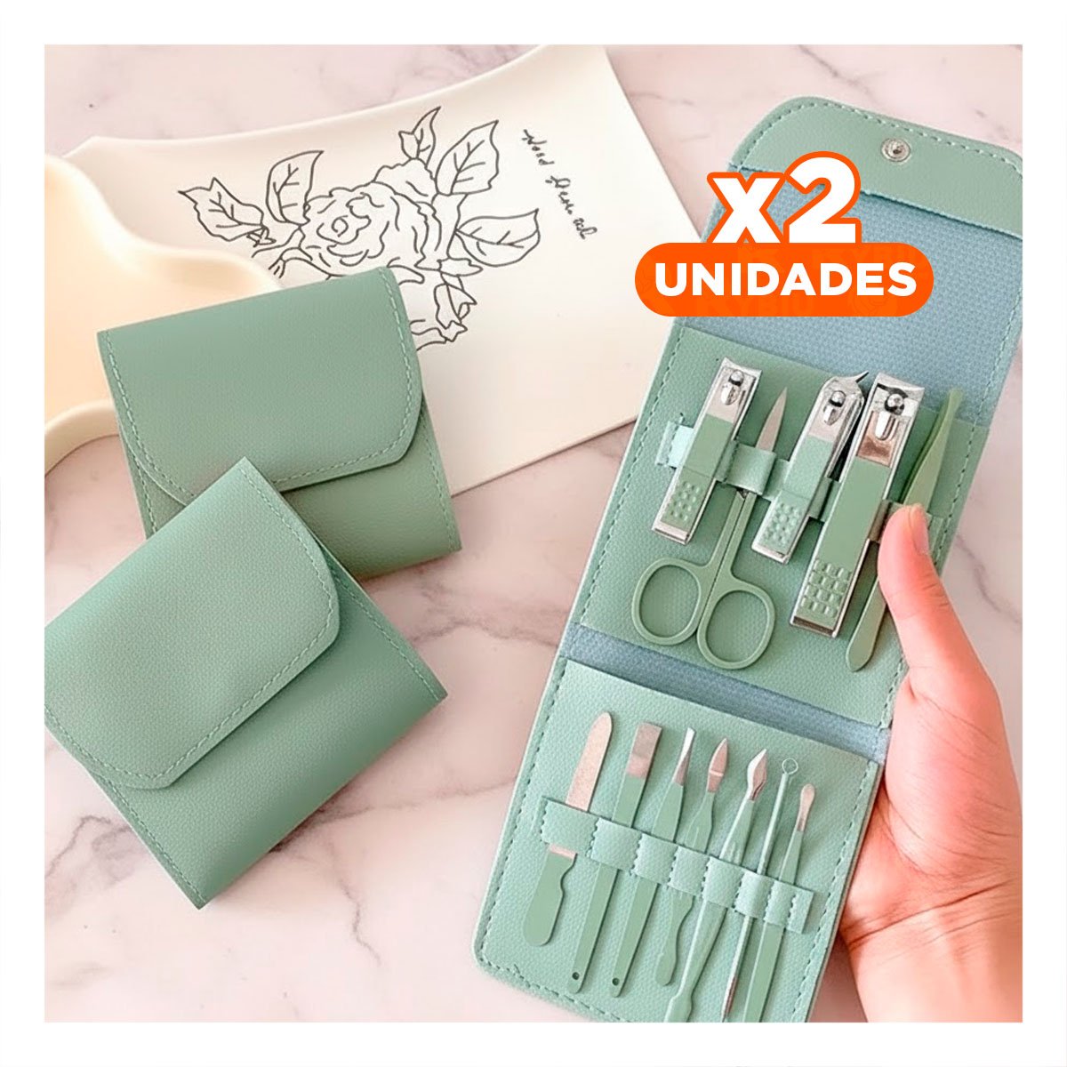 PACK2 ESTUCHE PROFESIONAL 12 PIEZAS MANICURE Y PEDICURE VERDE CON HERRAMIENTAS Y+REGALO STICKER - 1