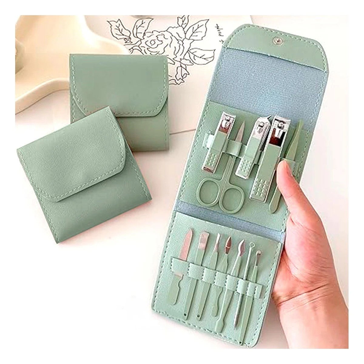 PACK2 ESTUCHE PROFESIONAL 12 PIEZAS MANICURE Y PEDICURE VERDE CON HERRAMIENTAS Y+REGALO STICKER - 5