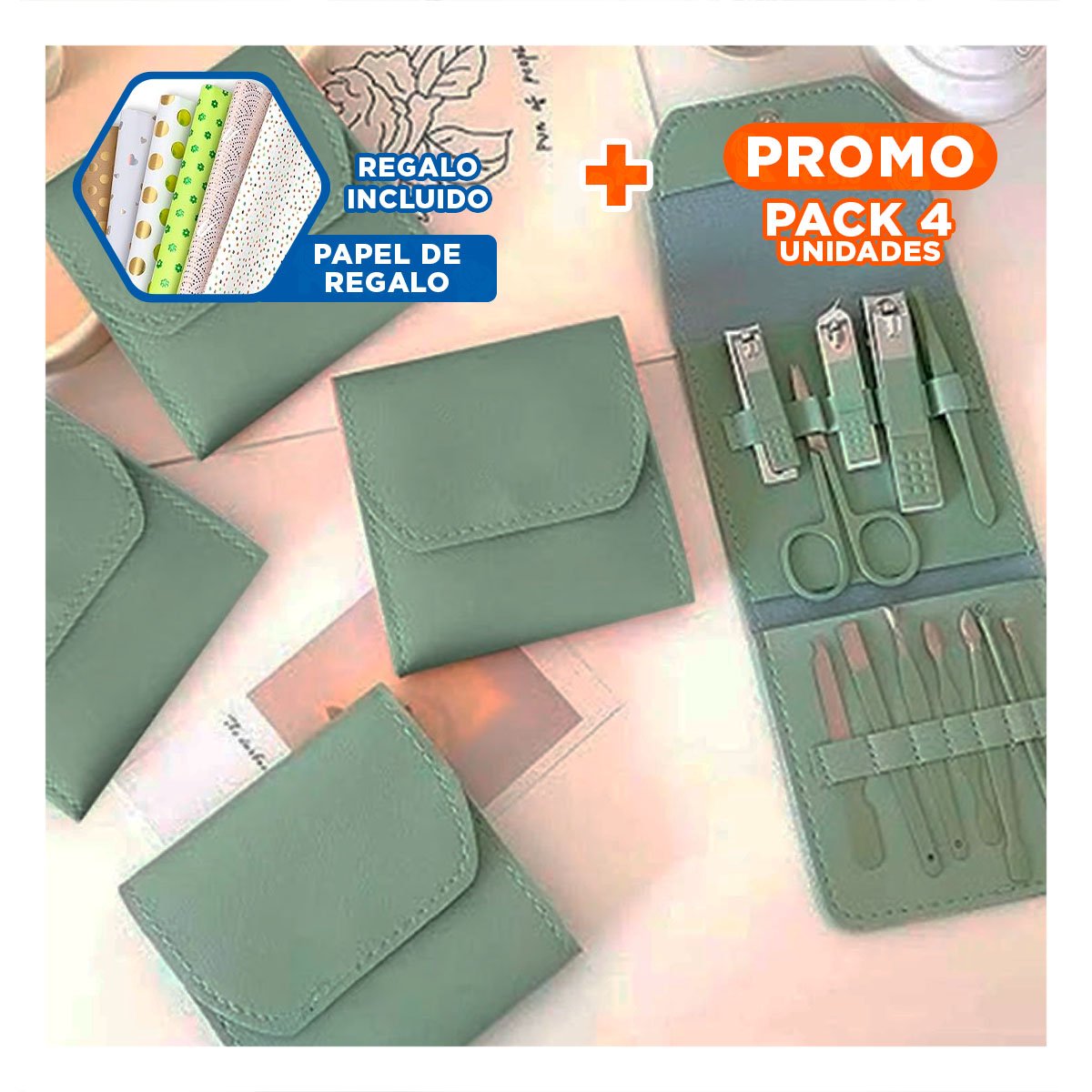 PACK4 ESTUCHE BELLEZA 12 PIEZAS MANICURE Y PEDICURE VERDE CON PINZAS Y+PAPEL REGALO - 1