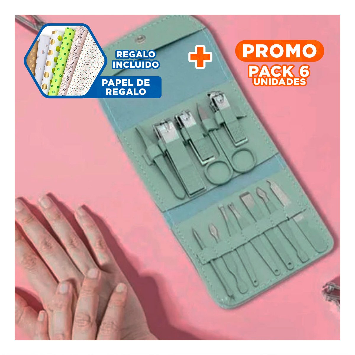 PACK6 ACCESORIOS PROFESIONALES 12 PIEZAS MANICURE Y PEDICURE VERDE COMPLETO Y+PAPEL REGALO - 1
