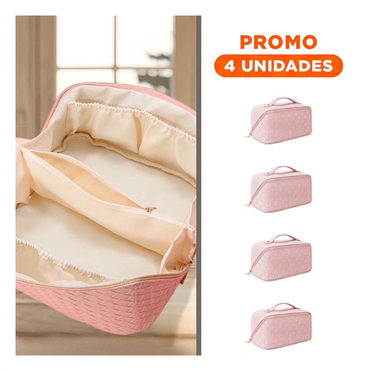 PACK4 ESTUCHE ROSADO DE CUADROS PARA MAQUILLAJE DIARIO Y+REGALO STICKER - 1