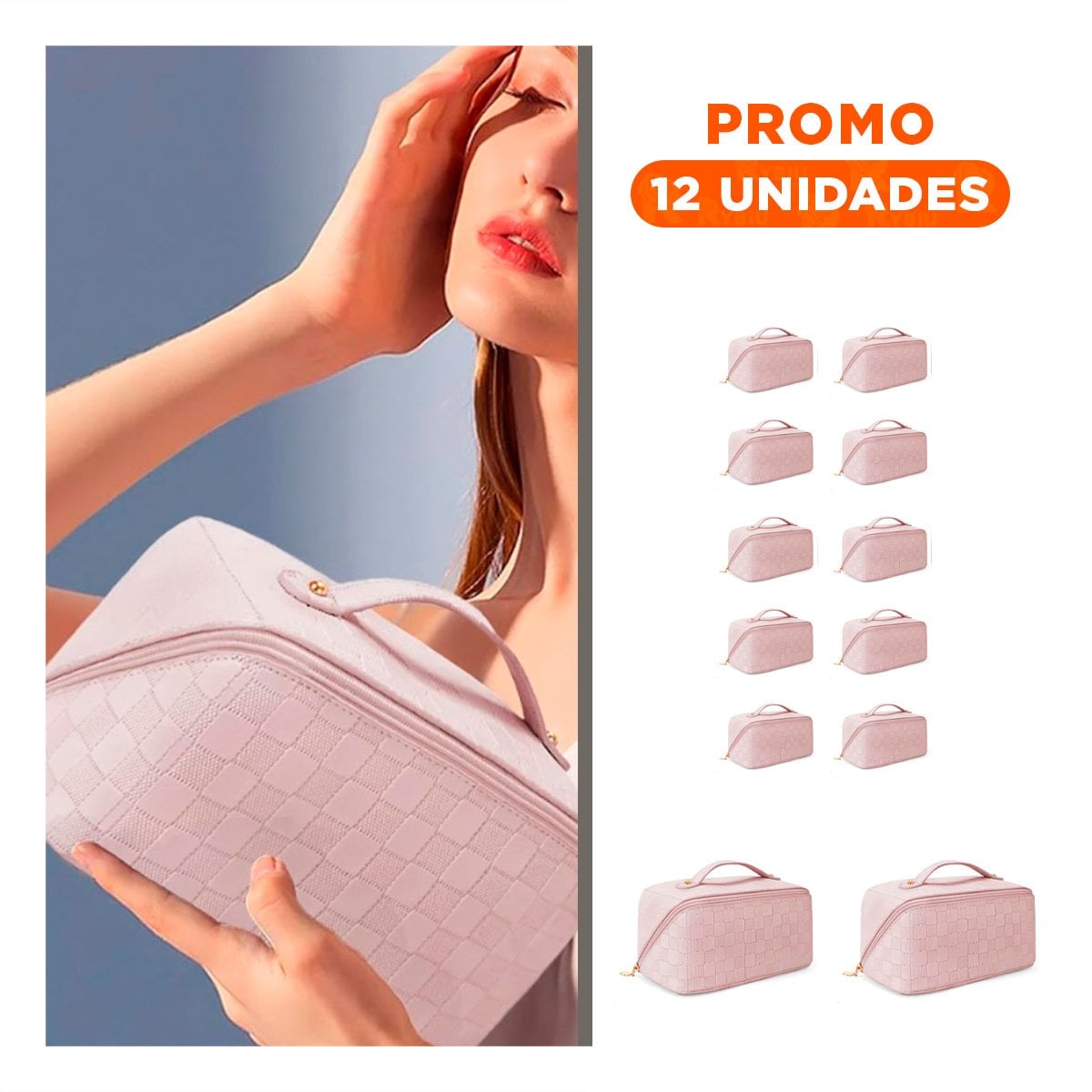 PACK12 COSMETIQUERO MINIMALISTA ROSADO CON DISENO DE CUADROS ELEGANTE Y+REGALO STICKER - 1