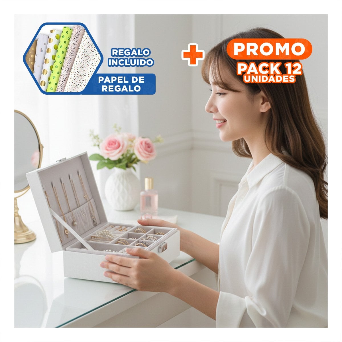 PACK12 MALETIN ELEGANTE 23X17X9 CM BLANCO 2 PISOS PARA JOYAS Y+PAPEL REGALO - 1