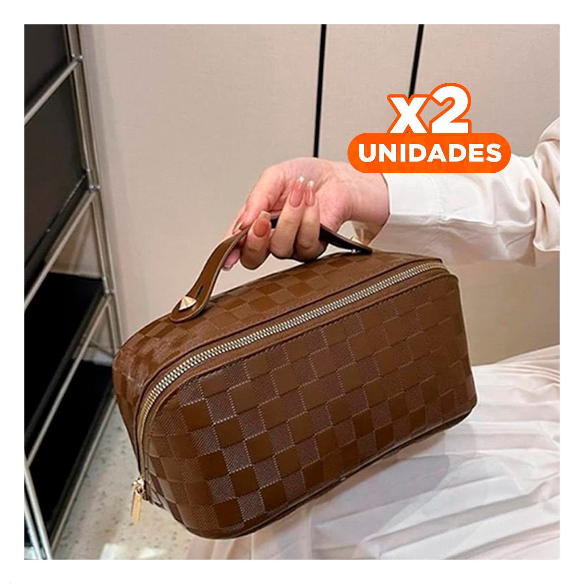 PACK2 NECESER FUNCIONAL MARRON CON ESTAMPADO DE CUADROS Y+REGALO STICKER - 1